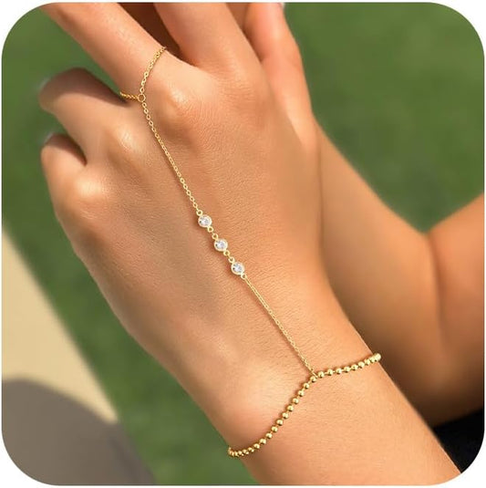 Gold Bracelets for Women, 14K Gold Plated/Silver Hand Chain Bracelet for Women Trendy Finger Ring Bracelet Hand Chain Dainty Adjustable Hand Chain Jewelry Gifts for Women