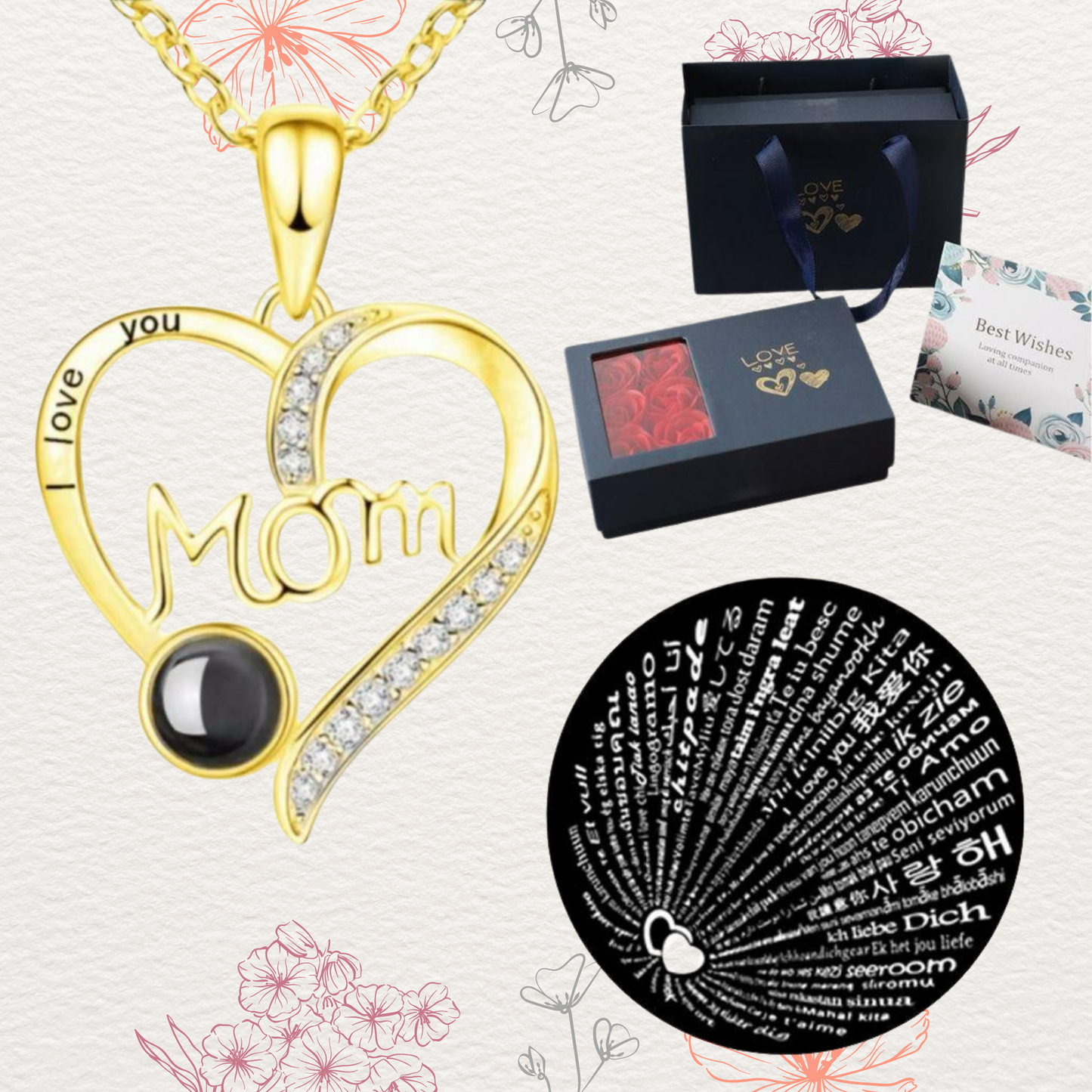 Cadena Regalo para Mamá y caja con rosas