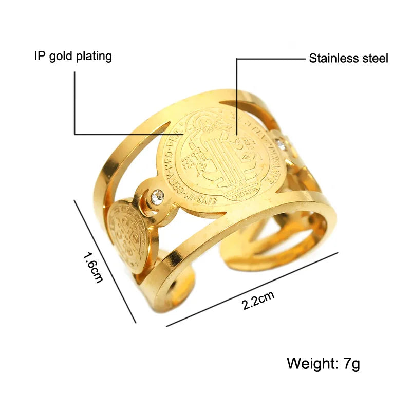 Stainless Steel San Benito Medal Ring For Women Men Gold/Silver Color Metal St Benedict Cross Open Ring Adjustable