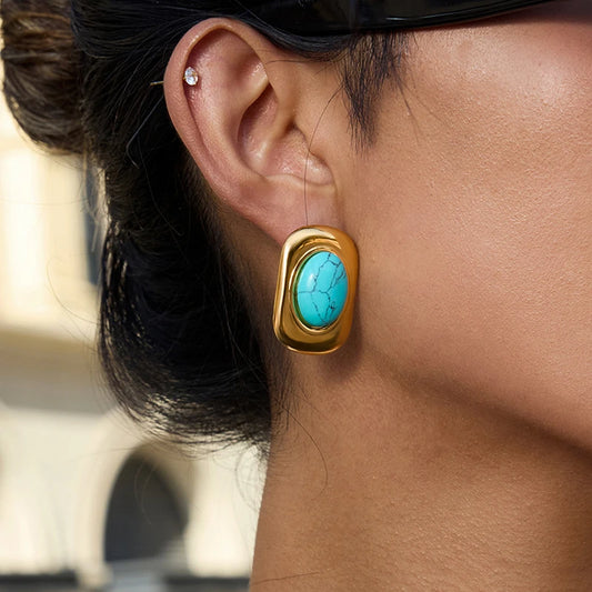 Youthway Exaggerated Blue Turquoise Stud Earrings Stainless Steel with 18k Gold Color Plating, Smooth Finish Women Earrings