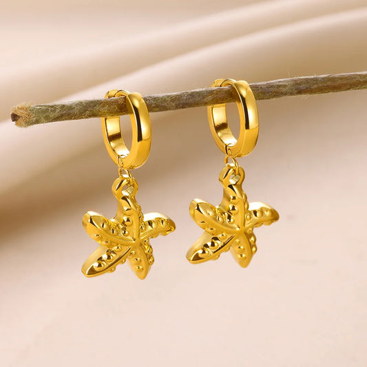 Vintage Starfish Shell Hoop Earrings For Women Gold Color Stainless Steel Ocean Shell Earring Waterproof Wedding Jewelry Gift