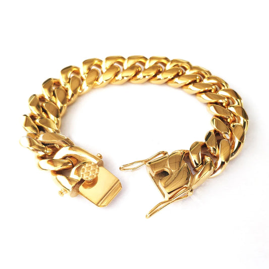 18K Gold Plated Stainless Steel Miami Curb Cuban Chain Link Bracelet Casting Clasp Hip hop Men Jewelry Promotion