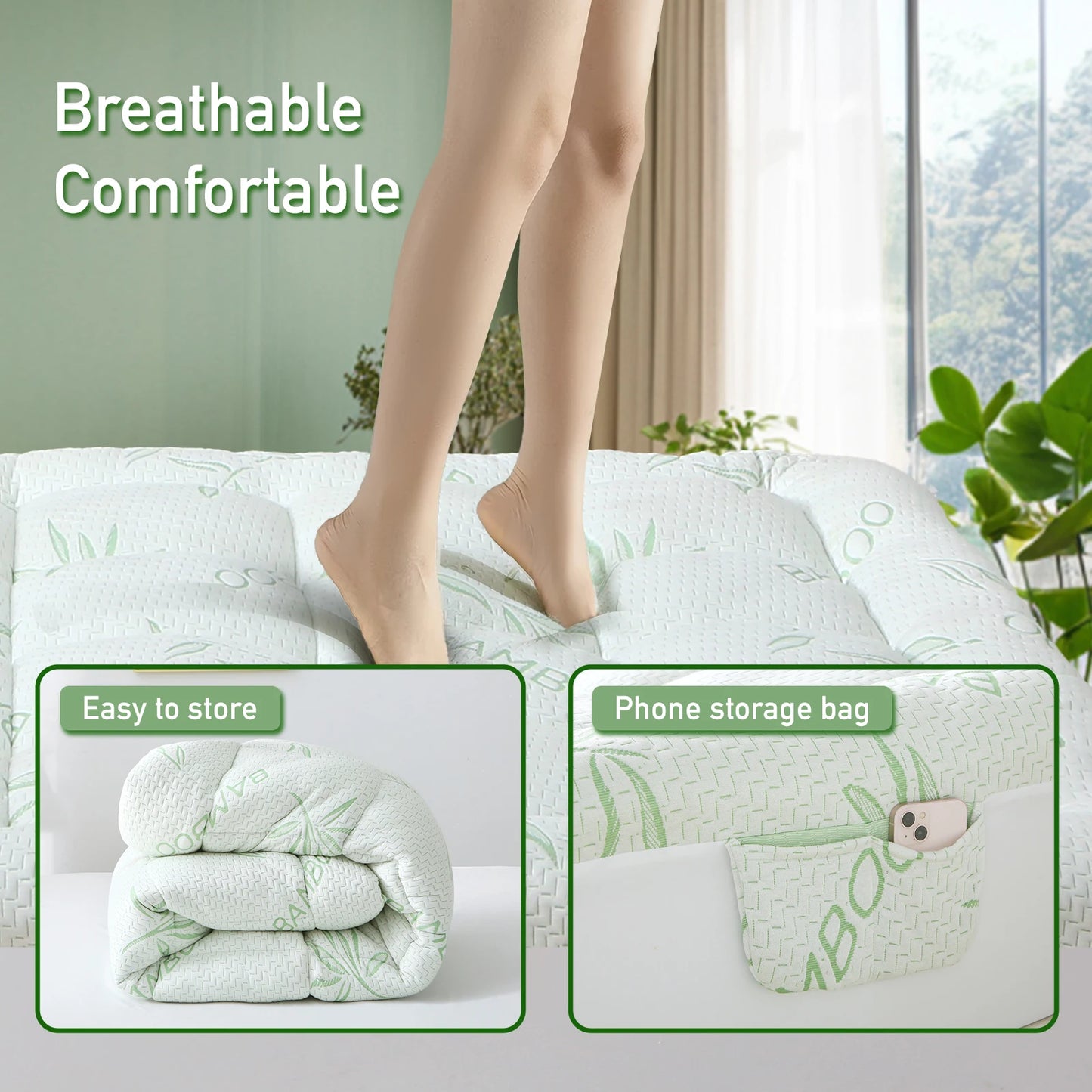 Natural Bamboo Fiber Mattress Pad - Ultra-Thin & Breathable Mattress Protector, Waterproof & Stain-Resistant, Soft Skin-Friendly
