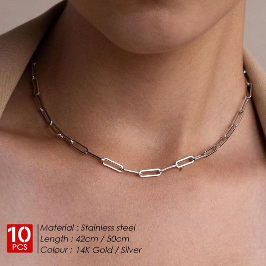 eManco 10PCS Paperclip Link Chain Women Necklace Stainless Steel Gold Color Necklace Link chain Jewelry Hot wholesale