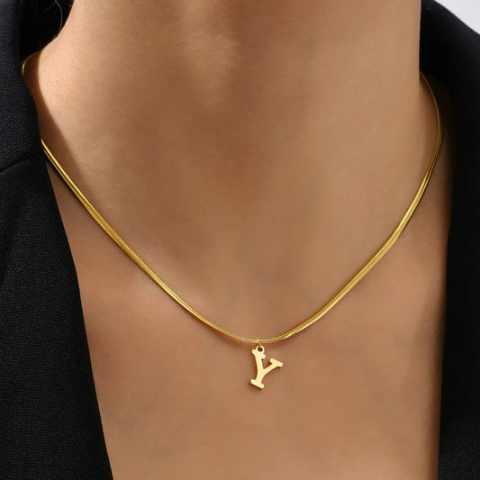 Stainless Steel Flat Snake Chains with A-Z Initial Pendant Necklace for Women Gold Color Alphabet Letter Necklace Collar Jewelry