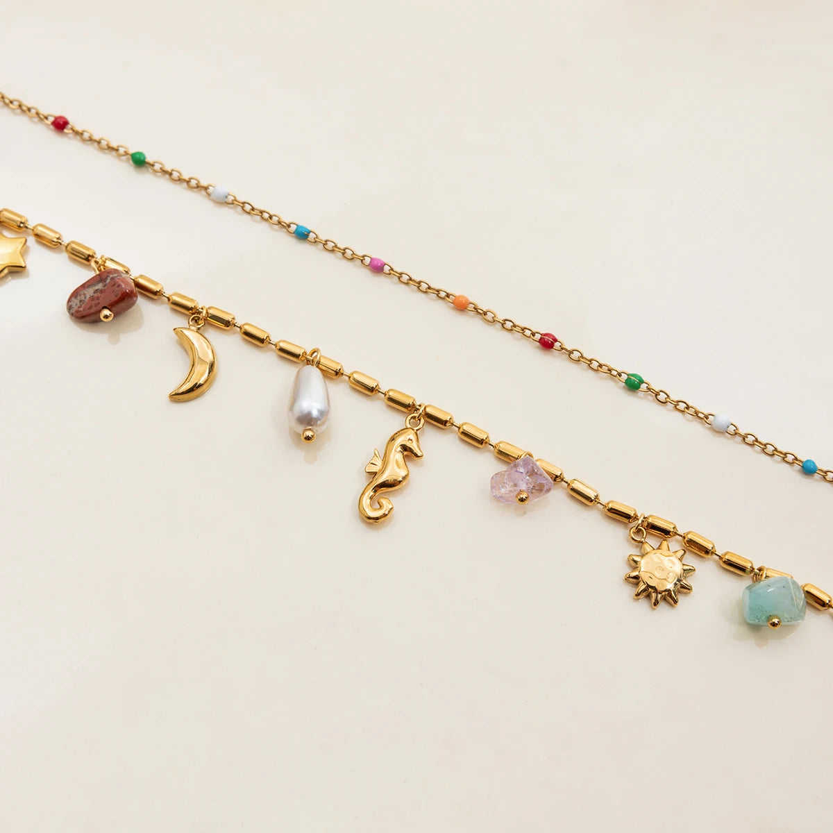 Zora 18K Gold Plated Stainless Steel Double Layer Multi Charm Pendant Necklace Colorful Natural Stone Daily Party Women Jewelry