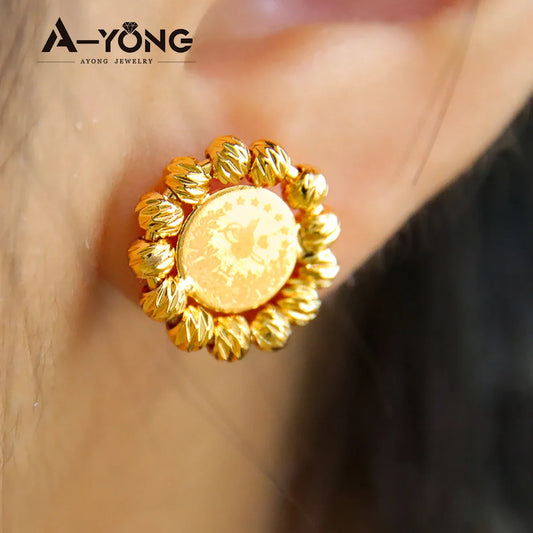 AYONG Turkish Coin Stud Earrings 18k Gold Plated Ear Nail Dubai Arab Womens Trendy Daily Jewelry Wedding Party Banquet Parts