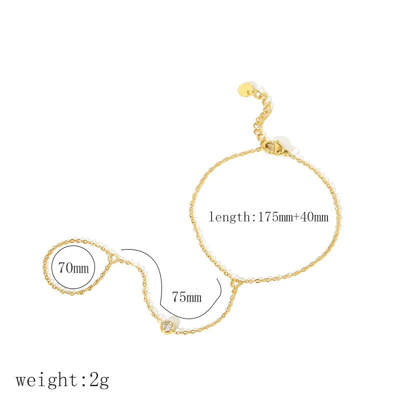 14K Yellow Gold Plated Stainless Steel Hand Chains Bracelet for Women Dainty Cubic Zirconia Bracelet and Ring Chain Body Jewelry