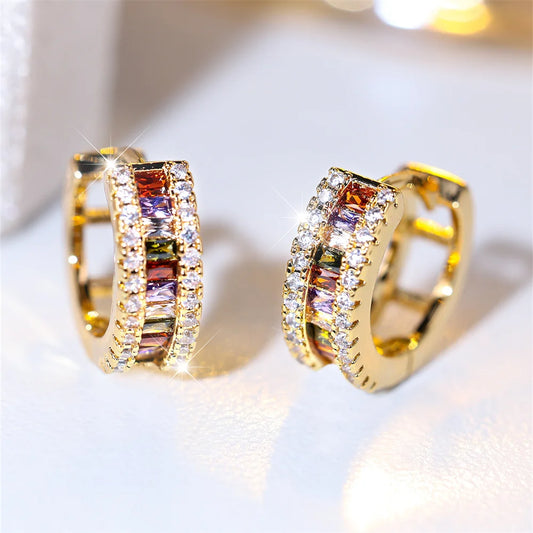 Green Crystal Small Square Stone Earring Multicolor Zircon Round Hoop Earrings For Women Vintage Gold Color Wedding Jewelry Gift