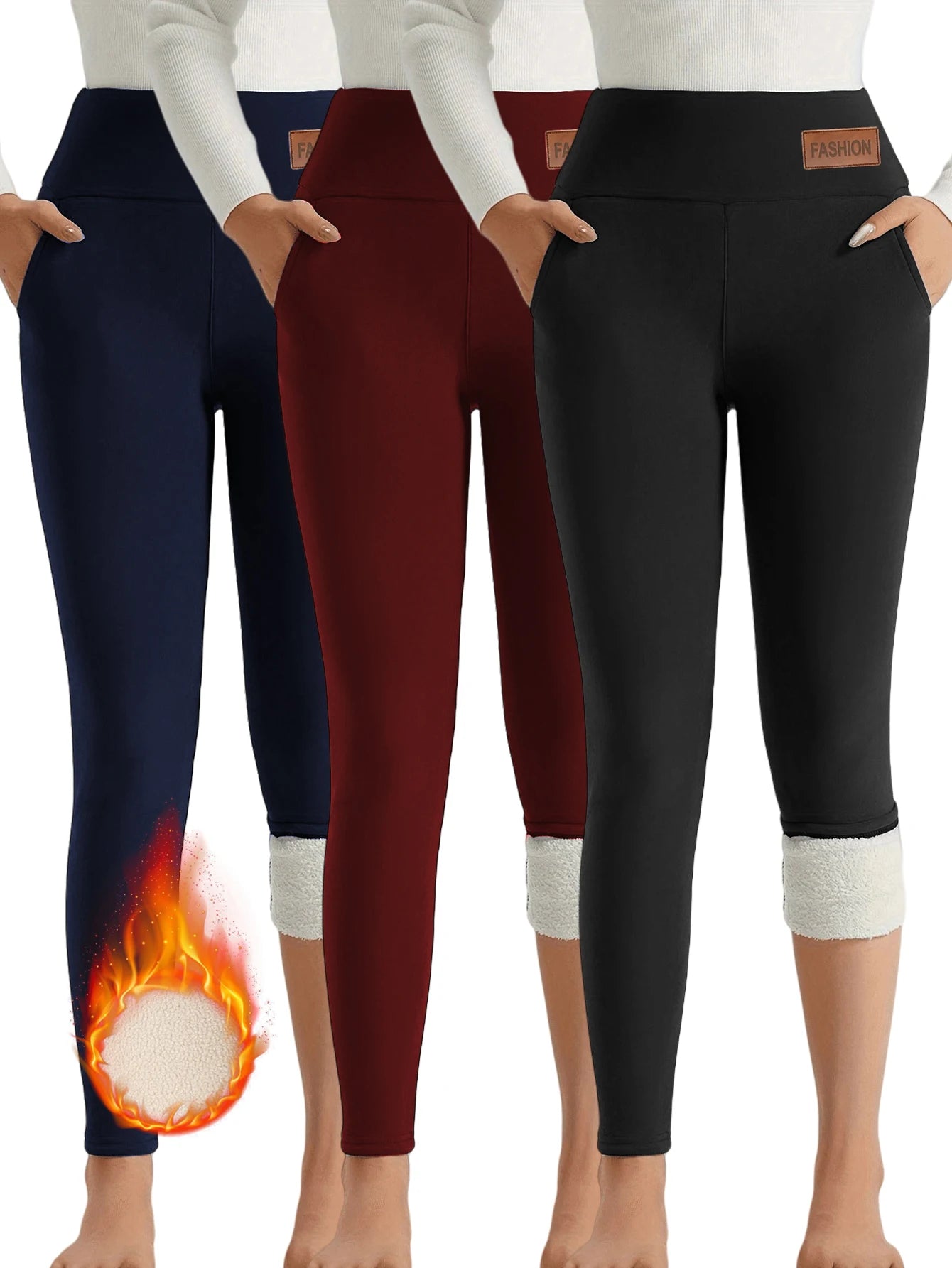 【3 Pack Winter Warm Pants】Fleece Lined High Waist Leggings for Women, Black+Navy+Wine Red Thickened Thermal Trousers, Windproof