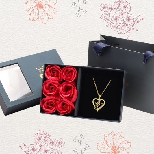 Cadena Regalo para Mamá y caja con rosas