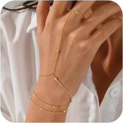 Gold Bracelets for Women, 14K Gold Plated/Silver Hand Chain Bracelet for Women Trendy Finger Ring Bracelet Hand Chain Dainty Adjustable Hand Chain Jewelry Gifts for Women