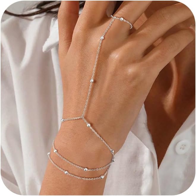 Gold Bracelets for Women, 14K Gold Plated/Silver Hand Chain Bracelet for Women Trendy Finger Ring Bracelet Hand Chain Dainty Adjustable Hand Chain Jewelry Gifts for Women