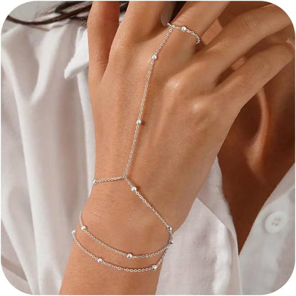 Gold Bracelets for Women, 14K Gold Plated/Silver Hand Chain Bracelet for Women Trendy Finger Ring Bracelet Hand Chain Dainty Adjustable Hand Chain Jewelry Gifts for Women