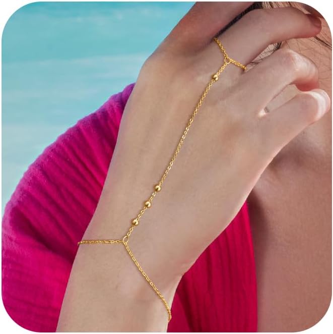Gold Bracelets for Women, 14K Gold Plated/Silver Hand Chain Bracelet for Women Trendy Finger Ring Bracelet Hand Chain Dainty Adjustable Hand Chain Jewelry Gifts for Women