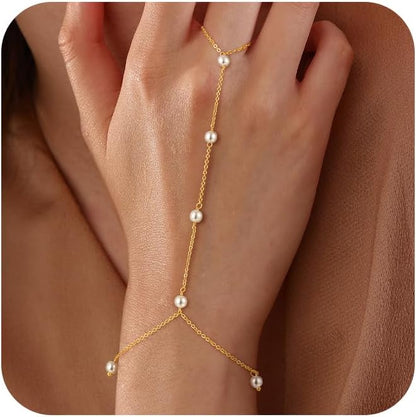 Gold Bracelets for Women, 14K Gold Plated/Silver Hand Chain Bracelet for Women Trendy Finger Ring Bracelet Hand Chain Dainty Adjustable Hand Chain Jewelry Gifts for Women