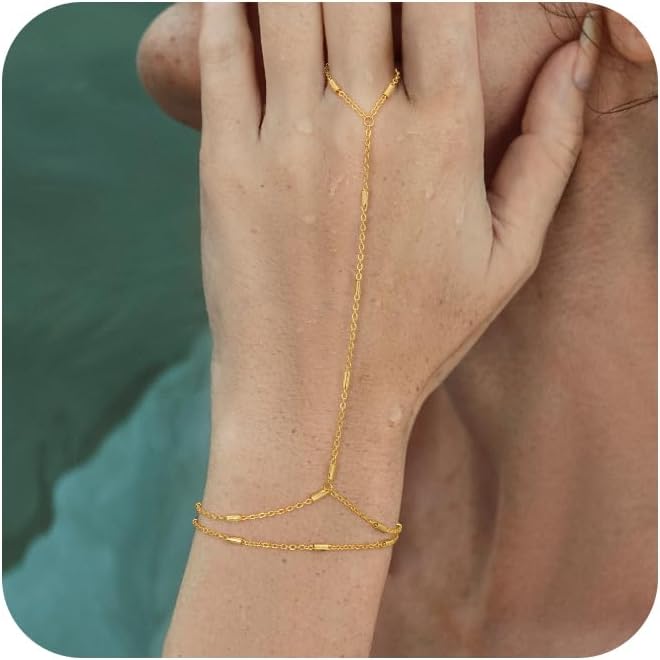 Gold Bracelets for Women, 14K Gold Plated/Silver Hand Chain Bracelet for Women Trendy Finger Ring Bracelet Hand Chain Dainty Adjustable Hand Chain Jewelry Gifts for Women