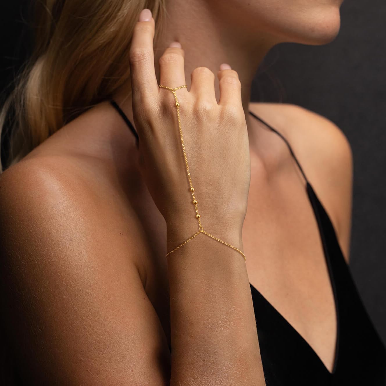 Gold Bracelets for Women, 14K Gold Plated/Silver Hand Chain Bracelet for Women Trendy Finger Ring Bracelet Hand Chain Dainty Adjustable Hand Chain Jewelry Gifts for Women