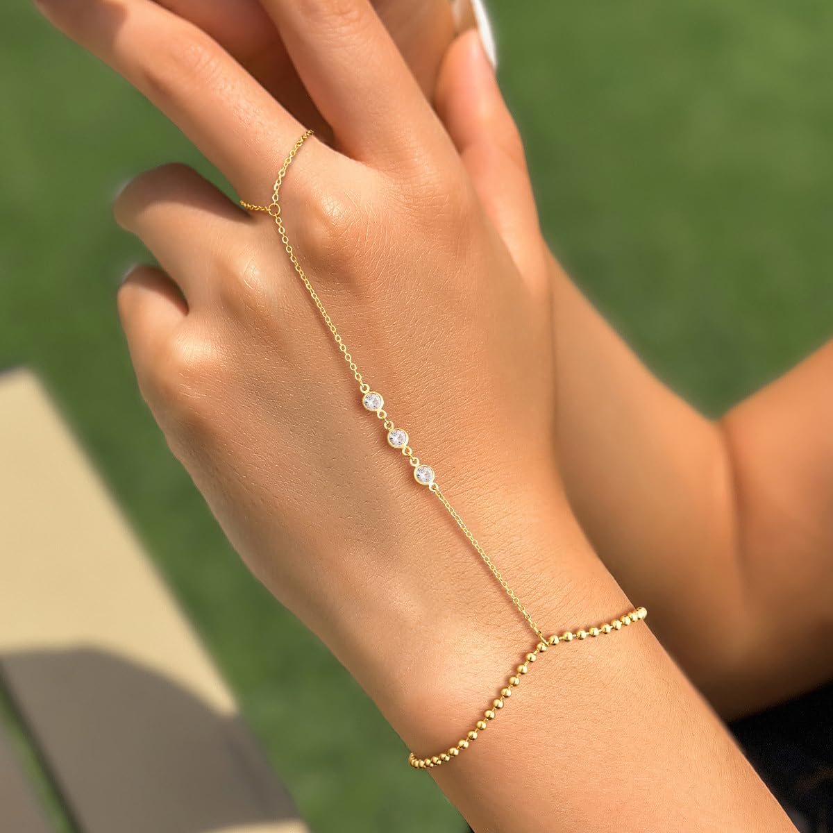 Gold Bracelets for Women, 14K Gold Plated/Silver Hand Chain Bracelet for Women Trendy Finger Ring Bracelet Hand Chain Dainty Adjustable Hand Chain Jewelry Gifts for Women