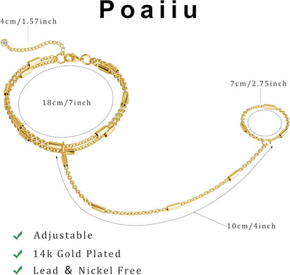 Gold Bracelets for Women, 14K Gold Plated/Silver Hand Chain Bracelet for Women Trendy Finger Ring Bracelet Hand Chain Dainty Adjustable Hand Chain Jewelry Gifts for Women