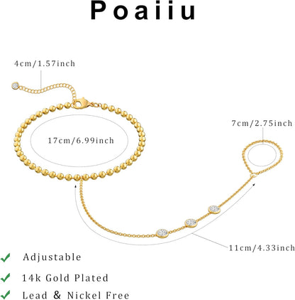 Gold Bracelets for Women, 14K Gold Plated/Silver Hand Chain Bracelet for Women Trendy Finger Ring Bracelet Hand Chain Dainty Adjustable Hand Chain Jewelry Gifts for Women