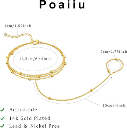 Gold Bracelets for Women, 14K Gold Plated/Silver Hand Chain Bracelet for Women Trendy Finger Ring Bracelet Hand Chain Dainty Adjustable Hand Chain Jewelry Gifts for Women