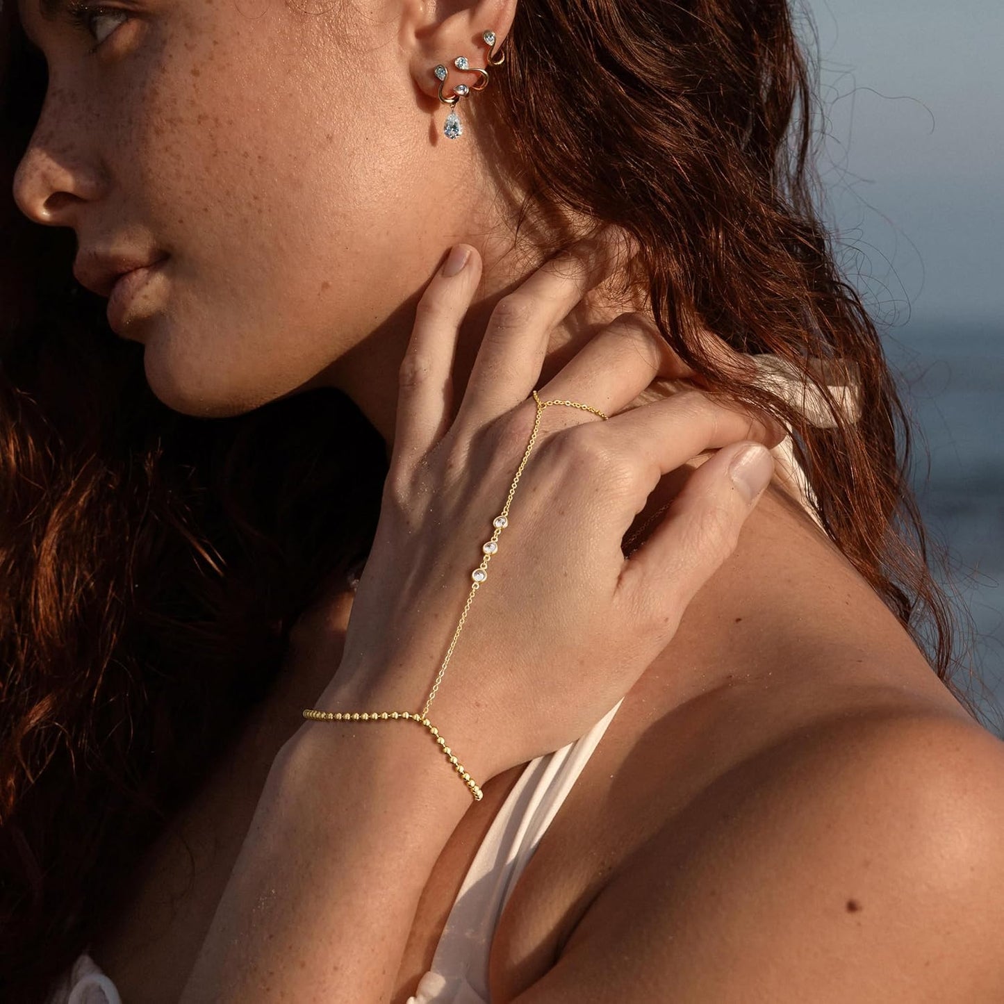 Gold Bracelets for Women, 14K Gold Plated/Silver Hand Chain Bracelet for Women Trendy Finger Ring Bracelet Hand Chain Dainty Adjustable Hand Chain Jewelry Gifts for Women