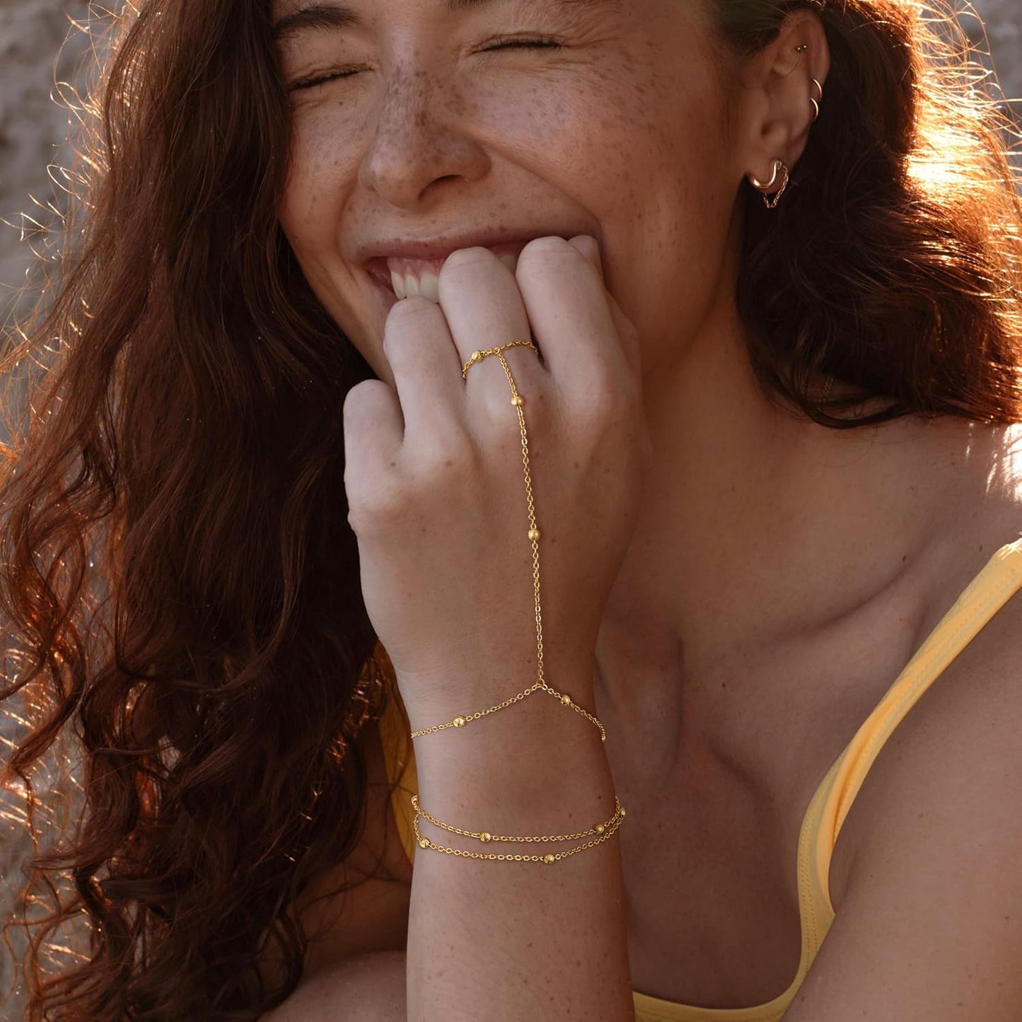 Gold Bracelets for Women, 14K Gold Plated/Silver Hand Chain Bracelet for Women Trendy Finger Ring Bracelet Hand Chain Dainty Adjustable Hand Chain Jewelry Gifts for Women