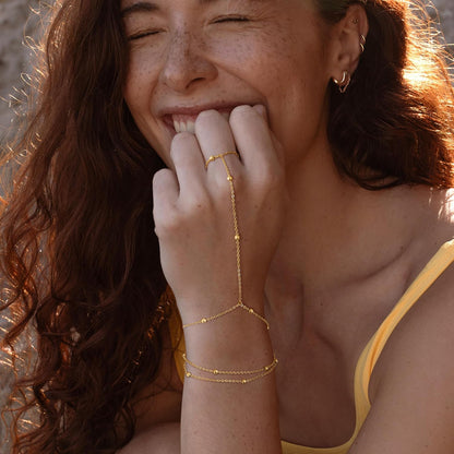 Gold Bracelets for Women, 14K Gold Plated/Silver Hand Chain Bracelet for Women Trendy Finger Ring Bracelet Hand Chain Dainty Adjustable Hand Chain Jewelry Gifts for Women