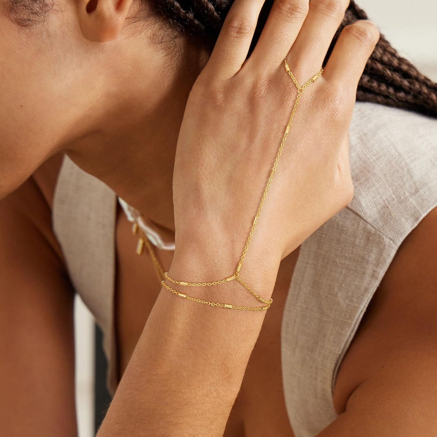 Gold Bracelets for Women, 14K Gold Plated/Silver Hand Chain Bracelet for Women Trendy Finger Ring Bracelet Hand Chain Dainty Adjustable Hand Chain Jewelry Gifts for Women