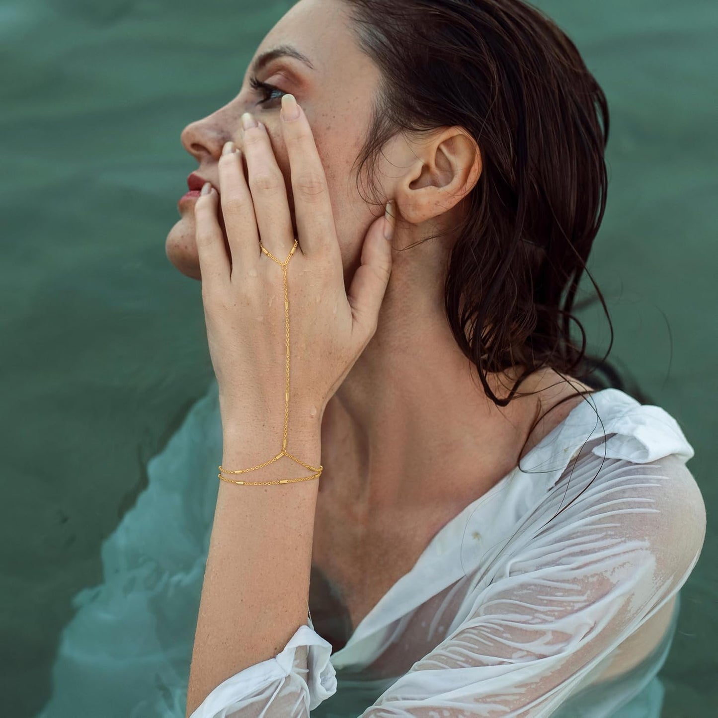 Gold Bracelets for Women, 14K Gold Plated/Silver Hand Chain Bracelet for Women Trendy Finger Ring Bracelet Hand Chain Dainty Adjustable Hand Chain Jewelry Gifts for Women