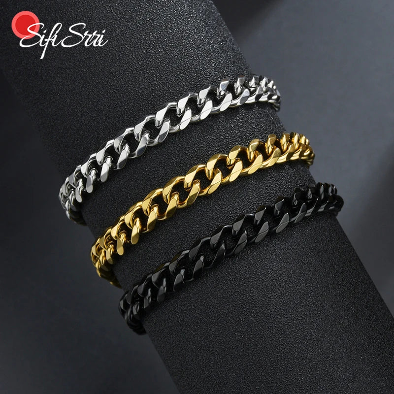 Sifisrri Punk Men 3/5/7mm Stainless Steel Curb Cuban Link Chain Bracelets Gold Color Solid Chains Unisex Wrist Jewelry Gift