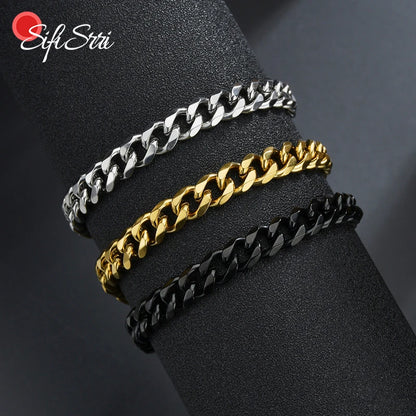 Sifisrri Punk Men 3/5/7mm Stainless Steel Curb Cuban Link Chain Bracelets Gold Color Solid Chains Unisex Wrist Jewelry Gift
