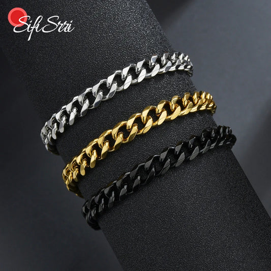 Sifisrri Punk Men 3/5/7mm Stainless Steel Curb Cuban Link Chain Bracelets Gold Color Solid Chains Unisex Wrist Jewelry Gift