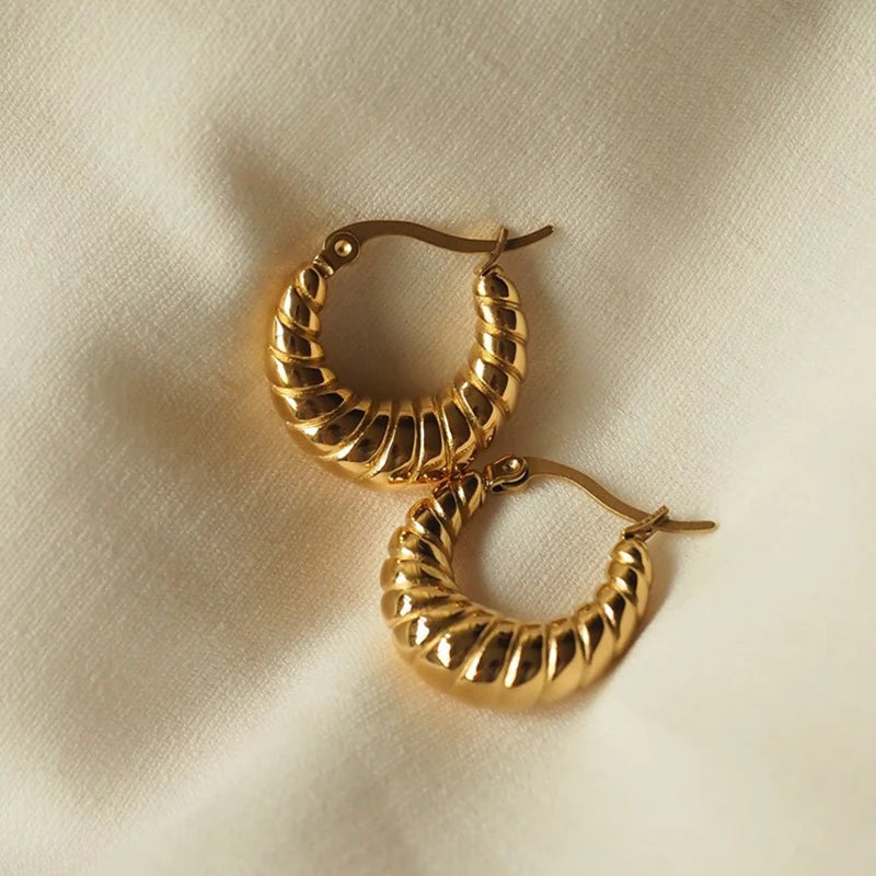 E.B.belle 316L Stainless Steel Unique Texture Circle Gold Statement Earring Chunky Croissant Hoop Earrings for Women