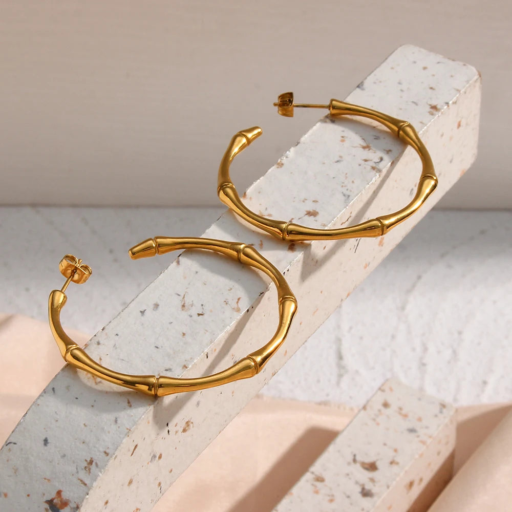 E.B.belle Minimalist Basic Thin Bamboo Large Gold Hoop Earrings For Women Stainless Steel Gold Plated Waterproof Female Big Hoop