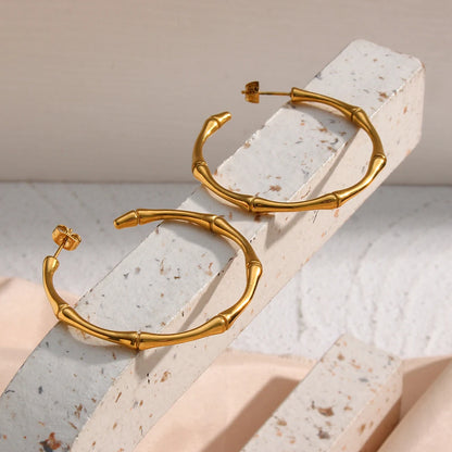 E.B.belle Minimalist Basic Thin Bamboo Large Gold Hoop Earrings For Women Stainless Steel Gold Plated Waterproof Female Big Hoop