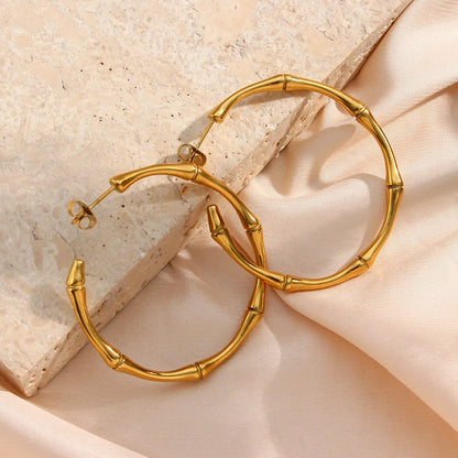 E.B.belle Minimalist Basic Thin Bamboo Large Gold Hoop Earrings For Women Stainless Steel Gold Plated Waterproof Female Big Hoop