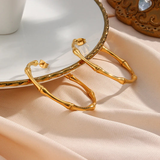 E.B.belle Minimalist Basic Thin Bamboo Large Gold Hoop Earrings For Women Stainless Steel Gold Plated Waterproof Female Big Hoop
