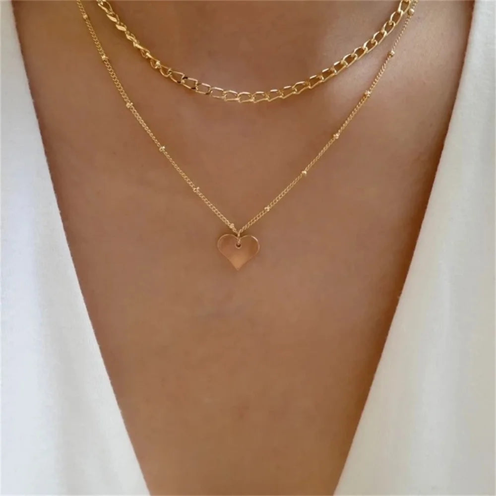 Bls-miracle Boho Fashion Gold Color Heart-Shaped Necklace For Women Trendy Multi-Layer Pendant Necklaces Set Jewelry Gifts