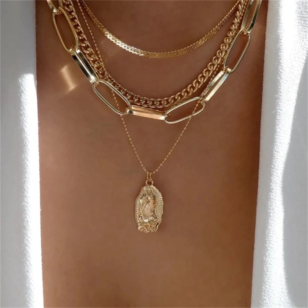 Bls-miracle Boho Fashion Gold Color Heart-Shaped Necklace For Women Trendy Multi-Layer Pendant Necklaces Set Jewelry Gifts