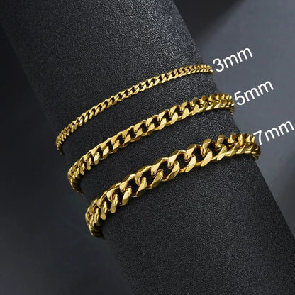 Sifisrri Punk Men 3/5/7mm Stainless Steel Curb Cuban Link Chain Bracelets Gold Color Solid Chains Unisex Wrist Jewelry Gift