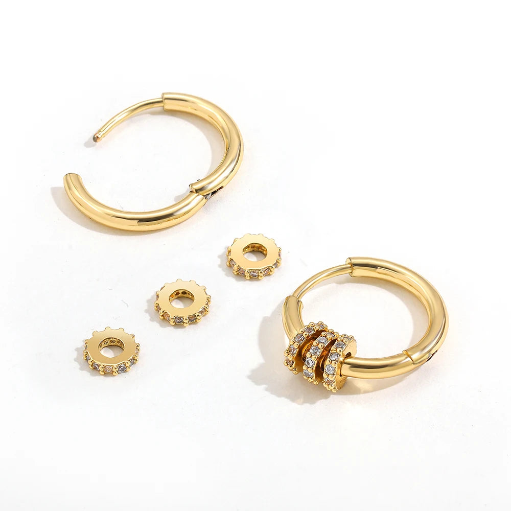 Trendy Small Round Gold Color Stainless Steel Huggies Hoop Earrings for Women Zirconia CZ Triple Gear Charm Earrings Ear Buckle