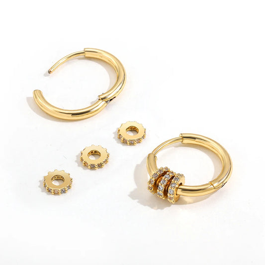 Trendy Small Round Gold Color Stainless Steel Huggies Hoop Earrings for Women Zirconia CZ Triple Gear Charm Earrings Ear Buckle