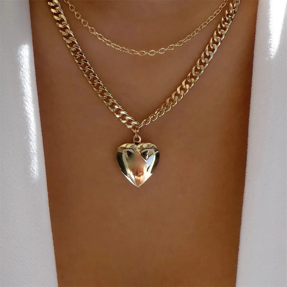 Bls-miracle Boho Fashion Gold Color Heart-Shaped Necklace For Women Trendy Multi-Layer Pendant Necklaces Set Jewelry Gifts