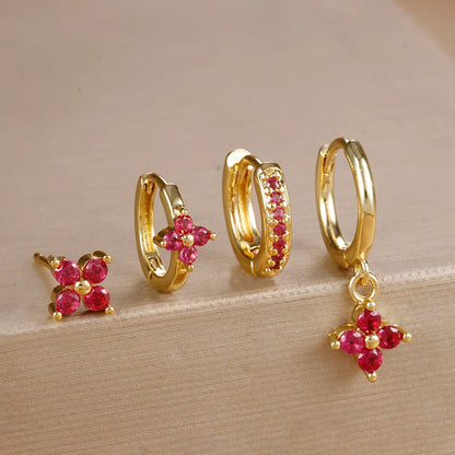 4pcs Fashion Cubic Zirconia Flower Hoop Earrings Set 18K Gold Plated Stainless Steel Stud Earring Piercing Jewelry aretes mujer