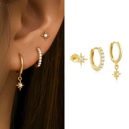 3PCS Gold Color Star Earrings Set for Women Zircon Pendant Stainless Steel Hoop Earring Trend Wedding Jewelry pendientes mujer