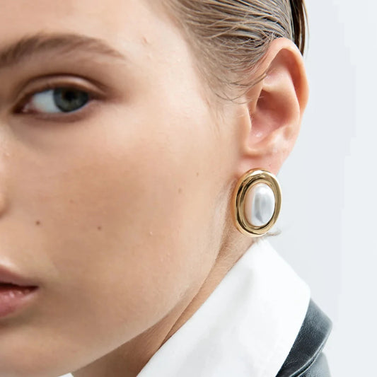 Uworld Vintage 18K Gold Color Plated Stainless Steel Oval Pearl Waterproof Ear Studs Women's Jewelry Daily Commuting