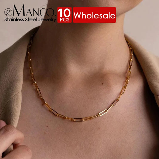 eManco 10PCS Paperclip Link Chain Women Necklace Stainless Steel Gold Color  Necklace Link chain  Jewelry Hot wholesale