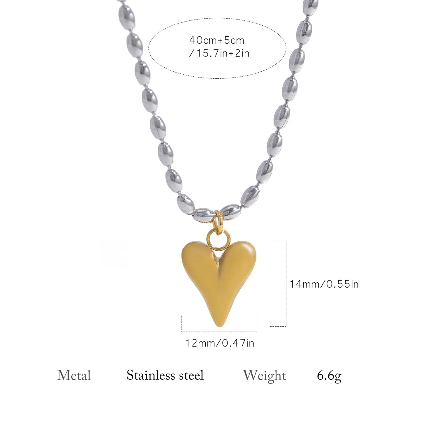 18K Gold Plated Stainless Steel Heart Pendant Bead Chain Necklace for Women, Love Symbol Hypoallergenic Dainty Jewelry Gift